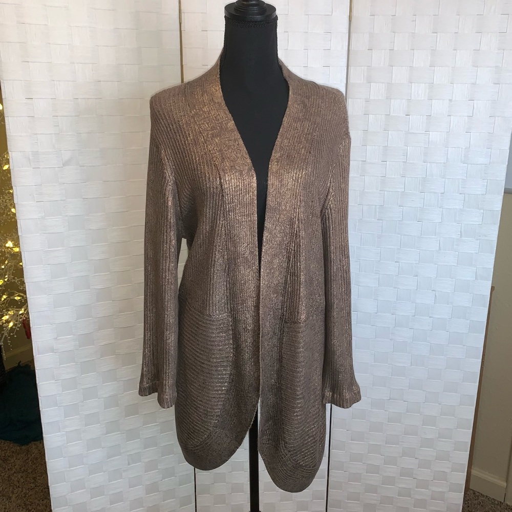 Chico's Gold Bronze Shimmer Open Cardigan Sweater Chicos Size 3 Women’s Size XL